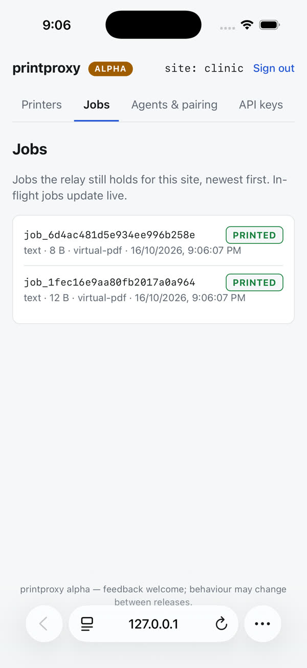 printproxy console at phone width, Jobs tab, two text jobs marked PRINTED on virtual-pdf